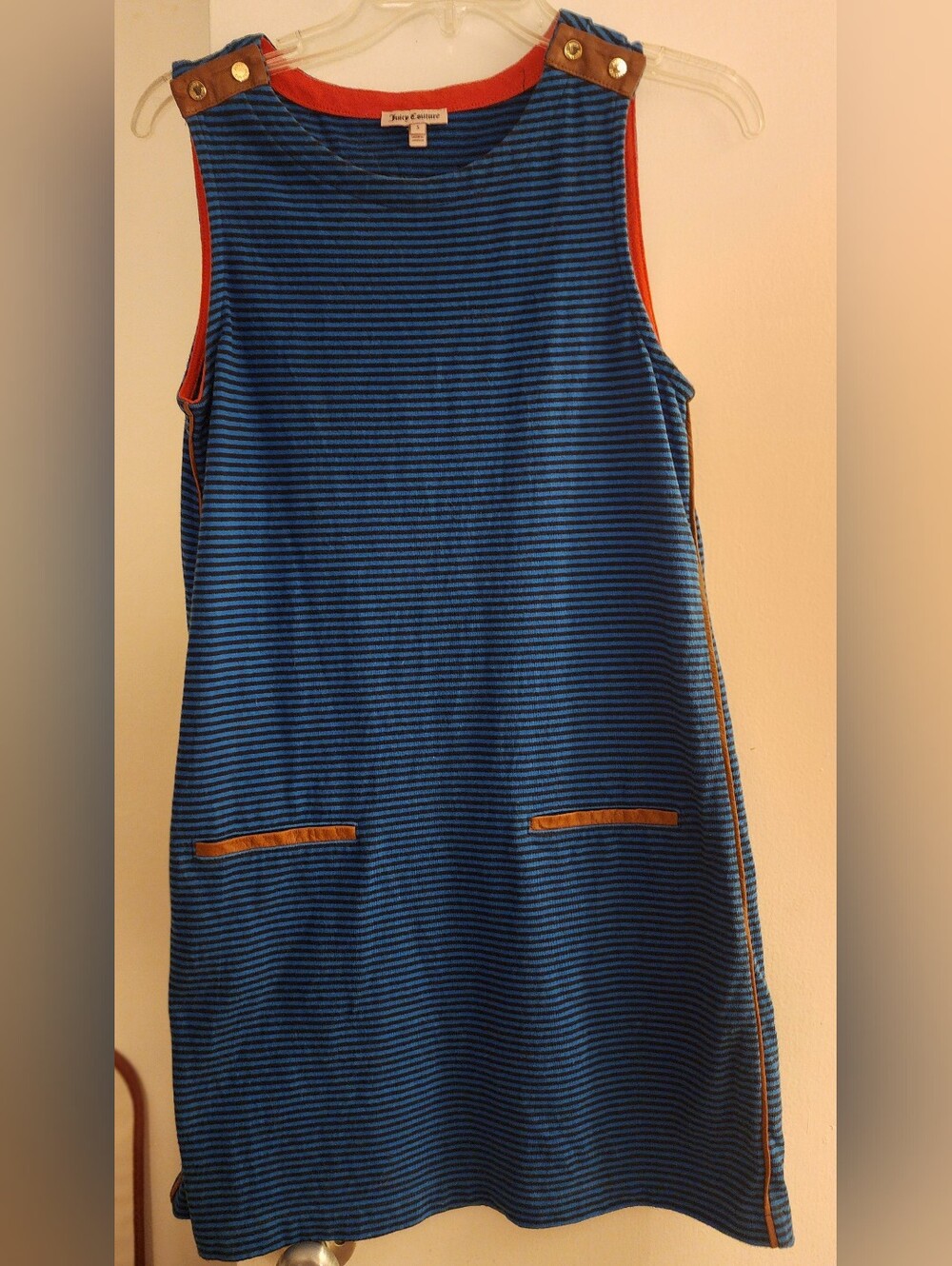 Juicy Couture Blue and Black Striped Mini Dress with Leather Trim
